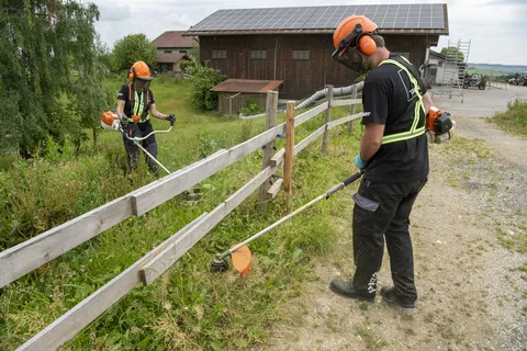 2 Menschen in Arbeitskleidung tragen orangene Helme und Gehörschutz und mähen Rasen entlang eines Holzzauns