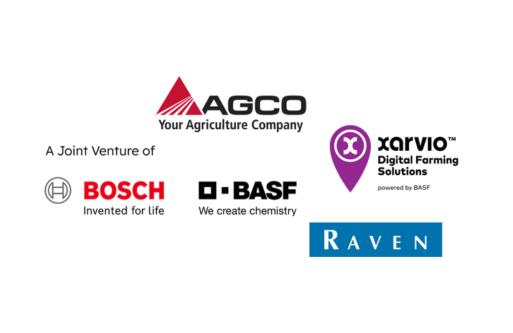 Logos von "AGCO", "Xarvio", "Raven" , "Bosch" und "BASF"