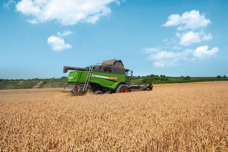 Fendt L-Serie Mähdrescher  von hinten beim Drusch eines Weizenfeldes