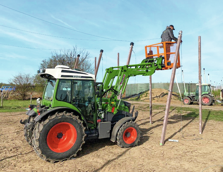 Fendt e100 Vario mit Frontlader und Arbeitskorb beim Aufbau von Pfählen für den Obstbau