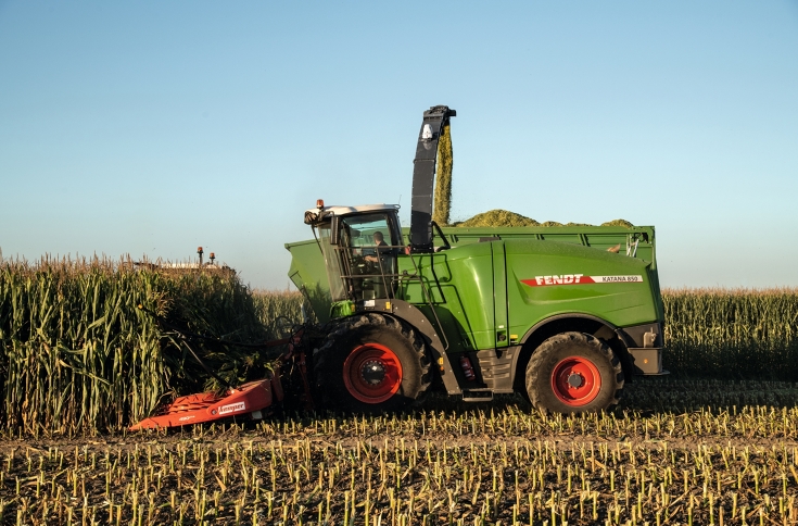 Fendt Katana häckselt Mais, Fendt Traktor mit Ladewagen im Hintergrund