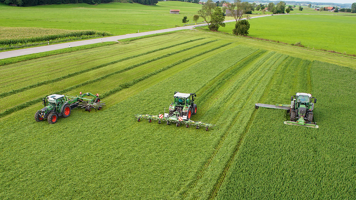 Drei Fendt Traktoren fahren mit Anbaugeräten auf der Wiese