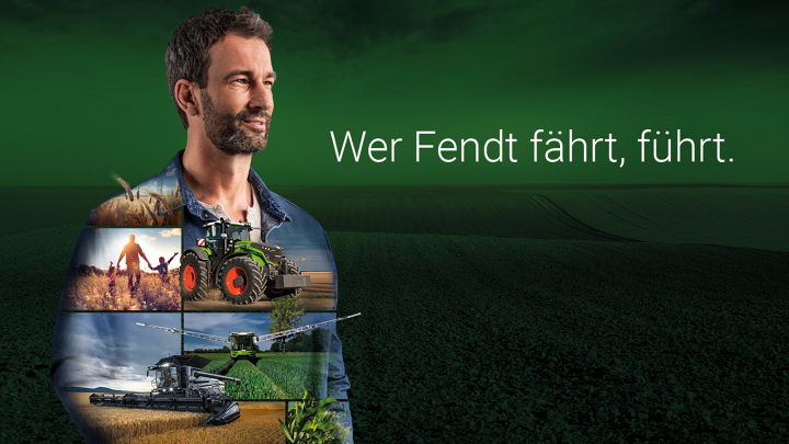 Ein Landwirt steht vor grünem Hintergrund und blickt motiviert in die Zukunft. Auf seinem Oberteil sind Fendt-Produkte abgebildet.