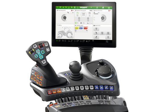 Fendt Terminal und Armlehne Freigestelltes CGI des Terminal und der Armlehne von Fendt.