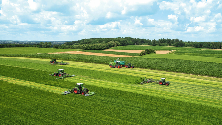 6 Fendt Traktoren und ein Fendt Katana Feldhäcksler fahren versetzt auf einer grüner Wiese und mähen, wenden, schwadern und häckseln.
