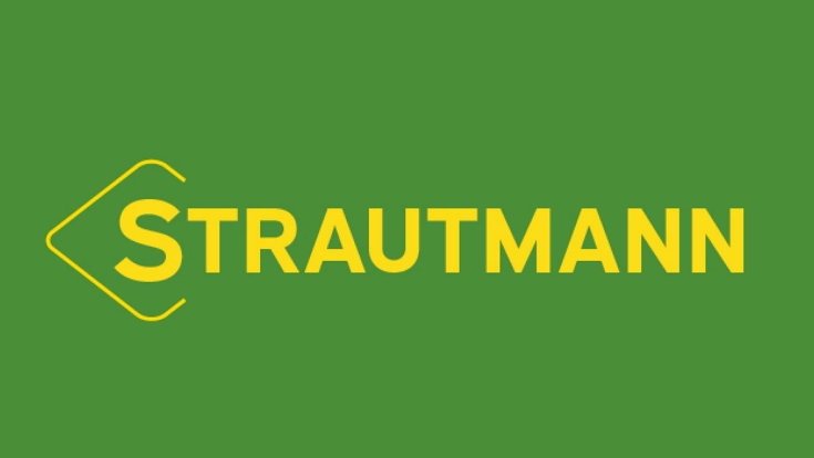 Logo Strautmann Gelber Schriftzug Logo Strautmann auf grünem Hintergrund