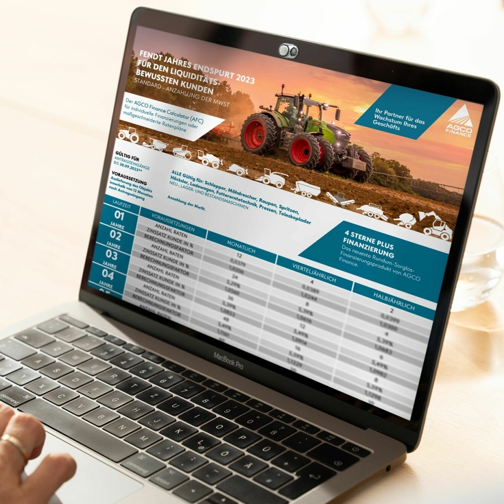 Laptop eines Fendt Händlers mit Finanzierungsmöglichkeiten über AGCO Finance