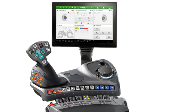 Fendt Terminal und Armlehne Freigestelltes CGI des Terminal und der Armlehne von Fendt.