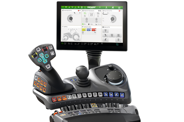 Fendt Terminal und Armlehne Freigestelltes CGI des Terminal und der Armlehne von Fendt.