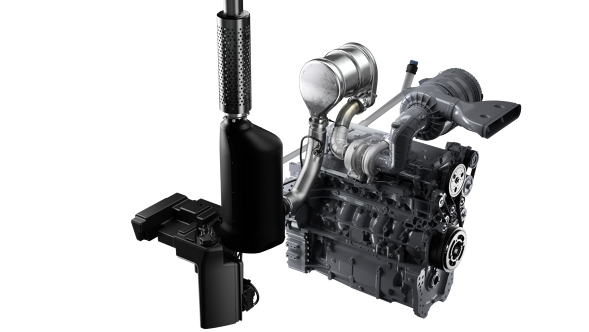 Ein freigestelltes CGI vom Motor, Katalysator, Luftfilter und Auspuff des Fendt 900 Vario.