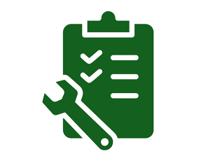 Grünes Icon eines Klemmbretts mit To-do-Liste. Ein Werkzeugschlüssel liegt schräg über der unteren linken Ecke – Symbol für Aufgaben oder Wartung.