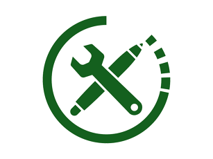 Grünes Icon mit einem sich überkreuzenden Werkzeugschlüssel und Stift, umgeben von einem offenen Kreis.