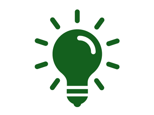 Grünes Symbol einer stilisierten Glühbirne auf hellem Hintergrund. Das Icon steht für Idee, Energie oder Innovation.