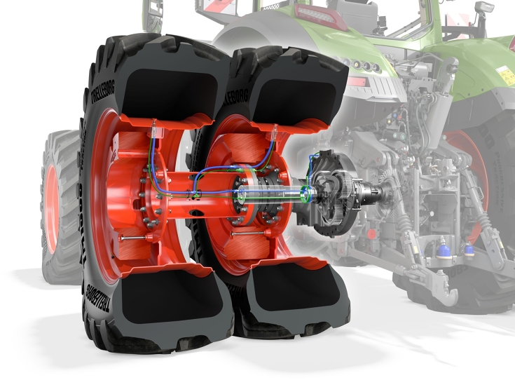 Fendt Doppelbereifung Europa mit VarioGrip Ein CGI von einer Hinterachse mit Doppelbereifung im europäischen Format