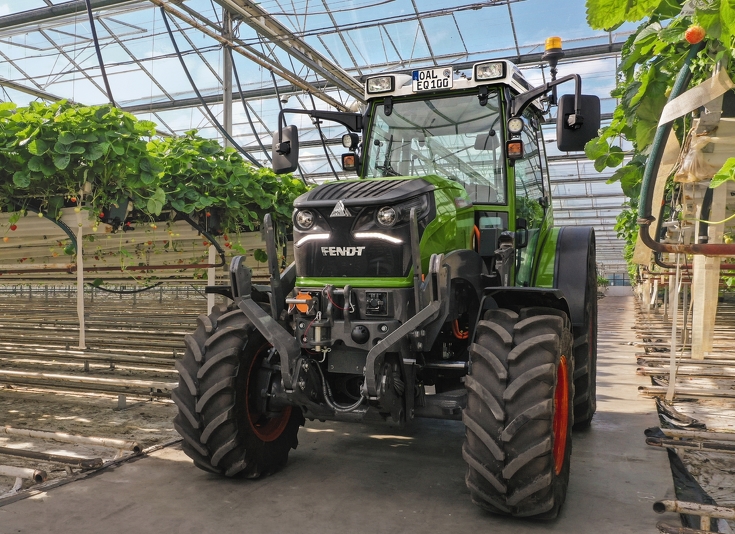 Fendt tractor stands in a strawberry greenhouse