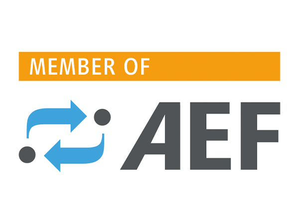 Logo of AEF member The AEF logo in a square shape in the colours blue, orange and grey