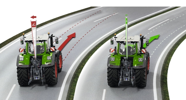The picture shows two Fendt tractors on a winding road: on the left with manual steering and visible track deviation (red markings), on the right with the automatic steering system Fendt Stability Control (FSC) for precise track guidance system (green markings).