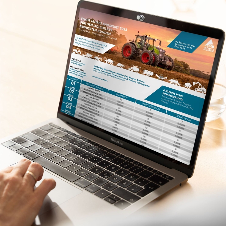 Laptop of a Fendt dealer with financing options via AGCO Finance