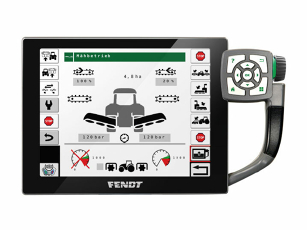 ‘Fendt Varioterminal with ISOBUS control for the Slicer mower combination, display of functions such as Auto-Fold, pressure control and area output, supplemented by joystick operation’