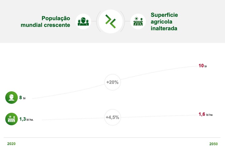 gráfico que mostra que a população mundial está crescendo constantemente enquanto a área agrícola está estagnada.