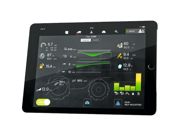 Tablet com uma tela das configurações da colheitadeira Fendt IDEAL via IDEALharvest