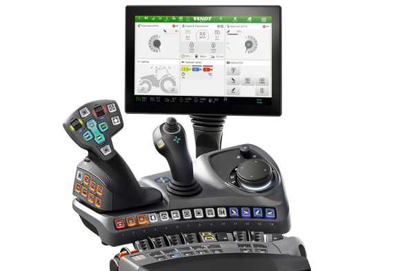 CGI do terminal e do apoio de braço da Fendt na variante de equipamento Profi Setting 2