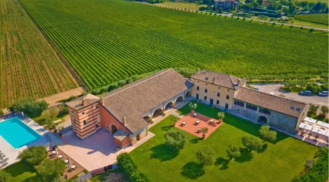 Luftaufnahme eines italienischen Weinguts im Hintergrund lange Reihen mit Weinreben