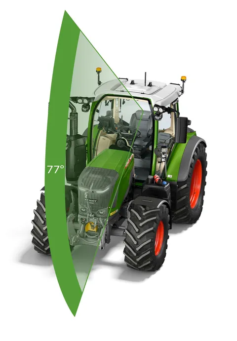Ein CGI eines Fendt 300 Vario mit markiertem Sichtwinkel von 77°