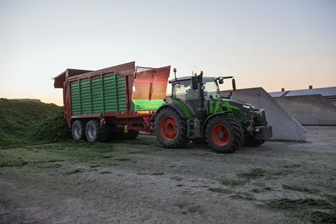 Ein grüner Fendt 500 Vario lädt einen grün-roten Strautmann Abschiebewagen am Flachsilo in der Dämmerung ab.
