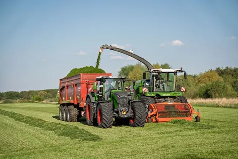 Ein grüner Fendt 800 Vario fährt im Gespann mit einem Anhänger neben einem Fendt Katana Feldhäcksler über das Grünland