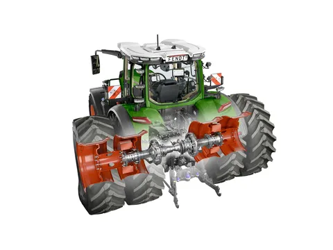 Ein CGI eines Fendt 800 Vario mit Schnitt auf die Hinterachse und die Verbindung mit Duo-Radnabe sowie breiter Zwillingsbereifung