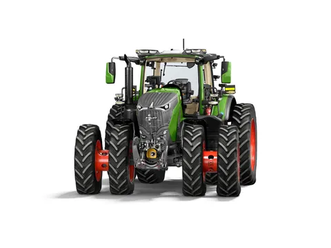 Ein freigestellter grüner Fendt 800 Vario mit Row-Crop Zwillingen für den nordamerikanischen Markt