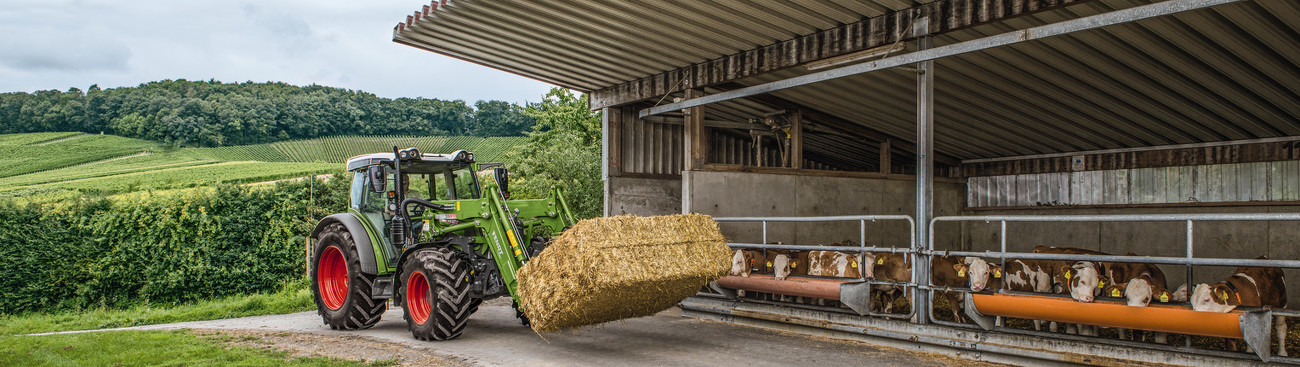 Fendt 200 Vario mit Fendt Cargo Frontlader mit Strohballen vor einem Kuhstall