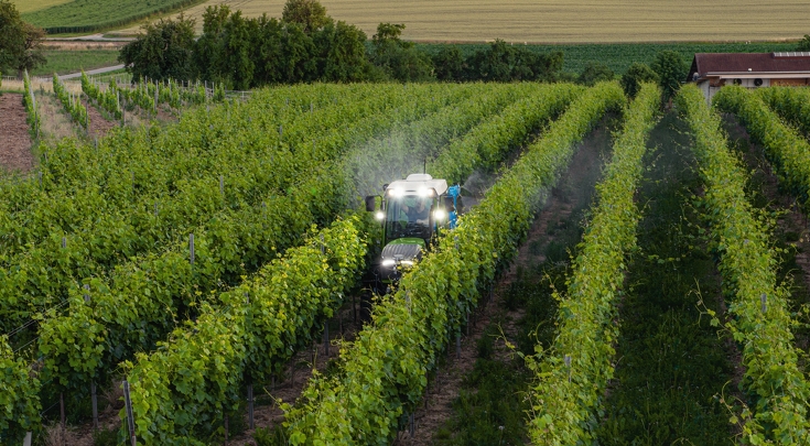 Fendt mit Dachstrahler im Weinberg in der Dämmerung