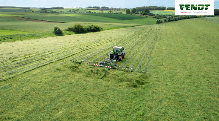 Der Fendt Twister beim Wenden von Gras im Grünland.