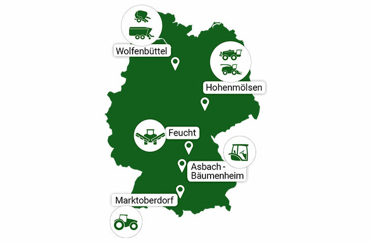Grüne Landkarte mit den deutschen Produktionsstandorten von Fendt