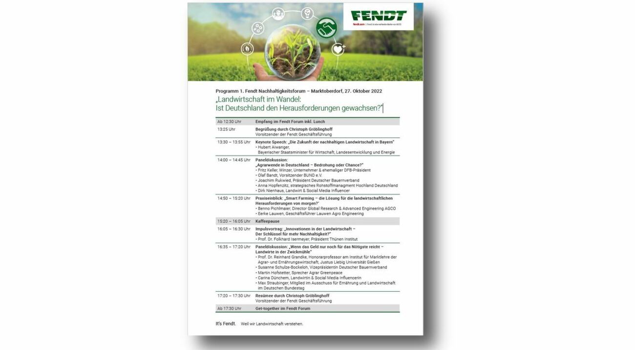 Das Programm des Fendt Nachhaltigkeitsforum ist aufgelistet