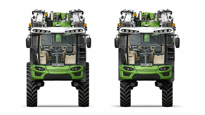 Frontansicht des Fendt Rogator 600  mit einer großzügige Arbeitshöhe von 120 cm für hohe Bestände