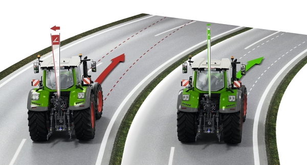 Grafik, auf der links ein Traktor ohne FSC und rechts ein Traktor mit FSC auf einer Straße fahren.