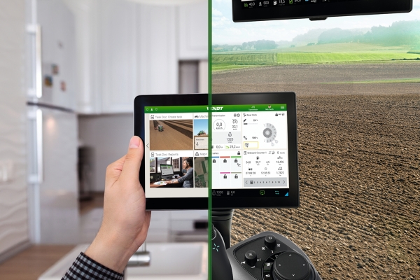 Geteiltes Bild, links eine Hand mit einem Tablet und rechts das Traktorterminal mit FendtONE.