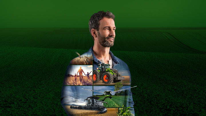 Ein Landwirt steht vor grünem Hintergrund und blickt motiviert in die Zukunft. Auf seinem Oberteil sind Fendt-Produkte abgebildet.