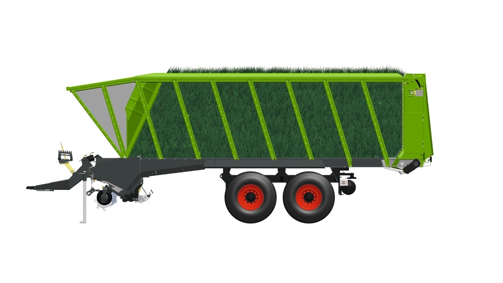 Seitliche Ansicht einer Zeichnung eines beladenen Fendt Tigo Ladewagen mit Gras