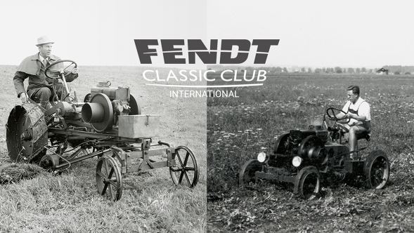 Zwei historische Schwarz-Weiß-Bilder von Fendt Dieselrössern auf dem Feld