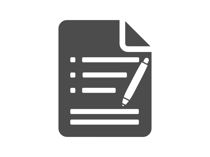 Ein dunkelgraues Symbol, das ein Blatt Papier mit einem Stift darstellt.