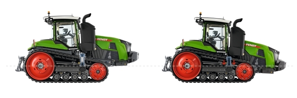 Zwei Fendt 1100 Vario MT Traktoren sind nebeneinander abgebildet, wobei der rechte Traktor ist etwas nach vorne geneigt und zeigt die Funktion der Fahrwerksfederung.