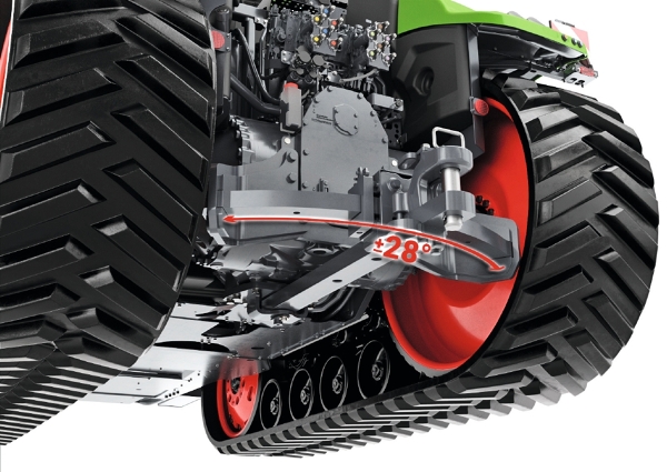 Unterbau des Fendt 1100 Vario MT bei dem die Zugstange mit einem roten Pfeil hervorgeben wird und +/- 28° daneben steht.