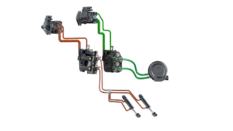 CGI Darstellung der zwei Hydraulinkpumpen, wobei die linke orange und die rechte grün dargestellt ist.