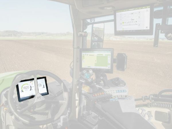 Digitales 10'' Dashboard Nahaufnahme der Fendt 700 Vario Gen6 Kabine, in der das Digitale 10" Dashboard farblich hervorgehoben ist.