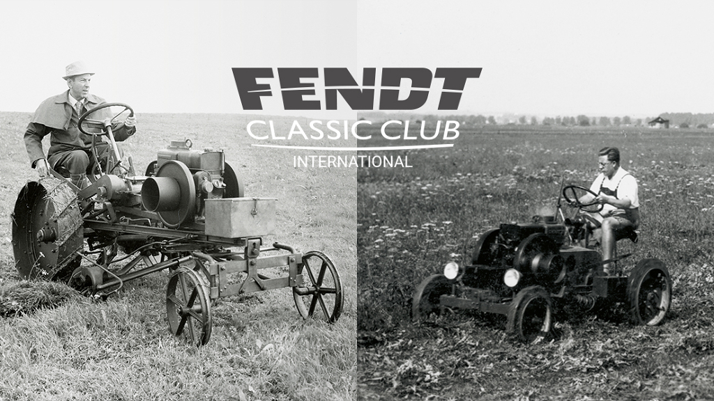 Historisches Foto mit zwei Fendt Dieselross Traktoren im Feldeinsatz vor dem FCCI Logo