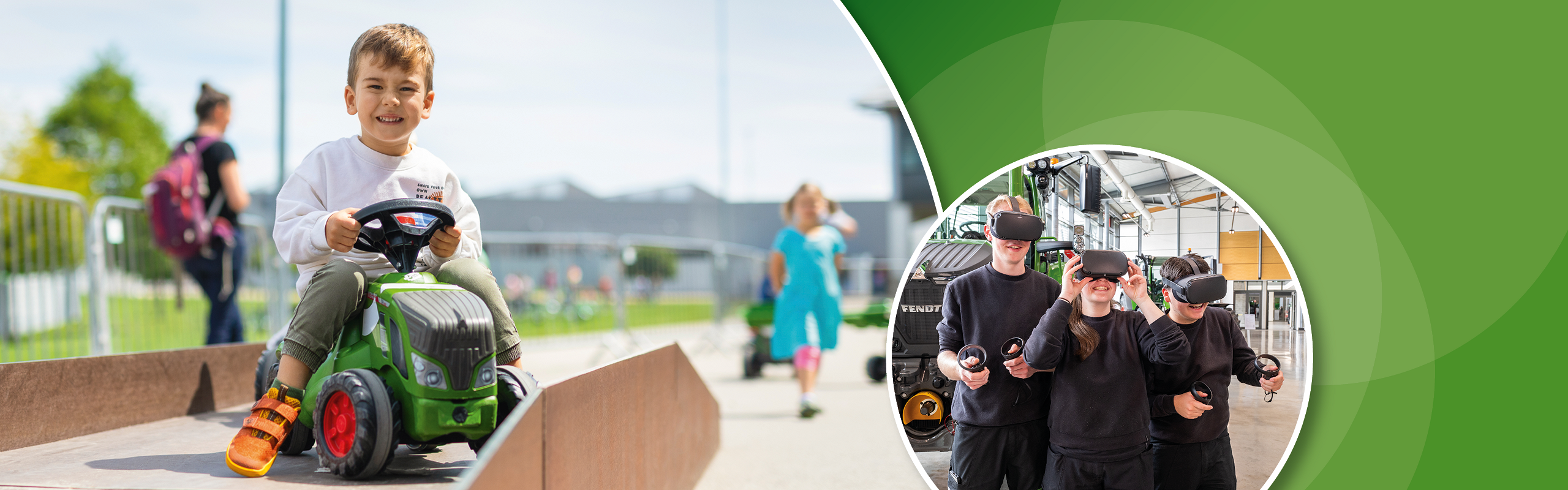 Holiday Weeks Spielendes Kind auf grünem Fendt Spielzeugtraktor und drei Jugendliche mit VR-Brille